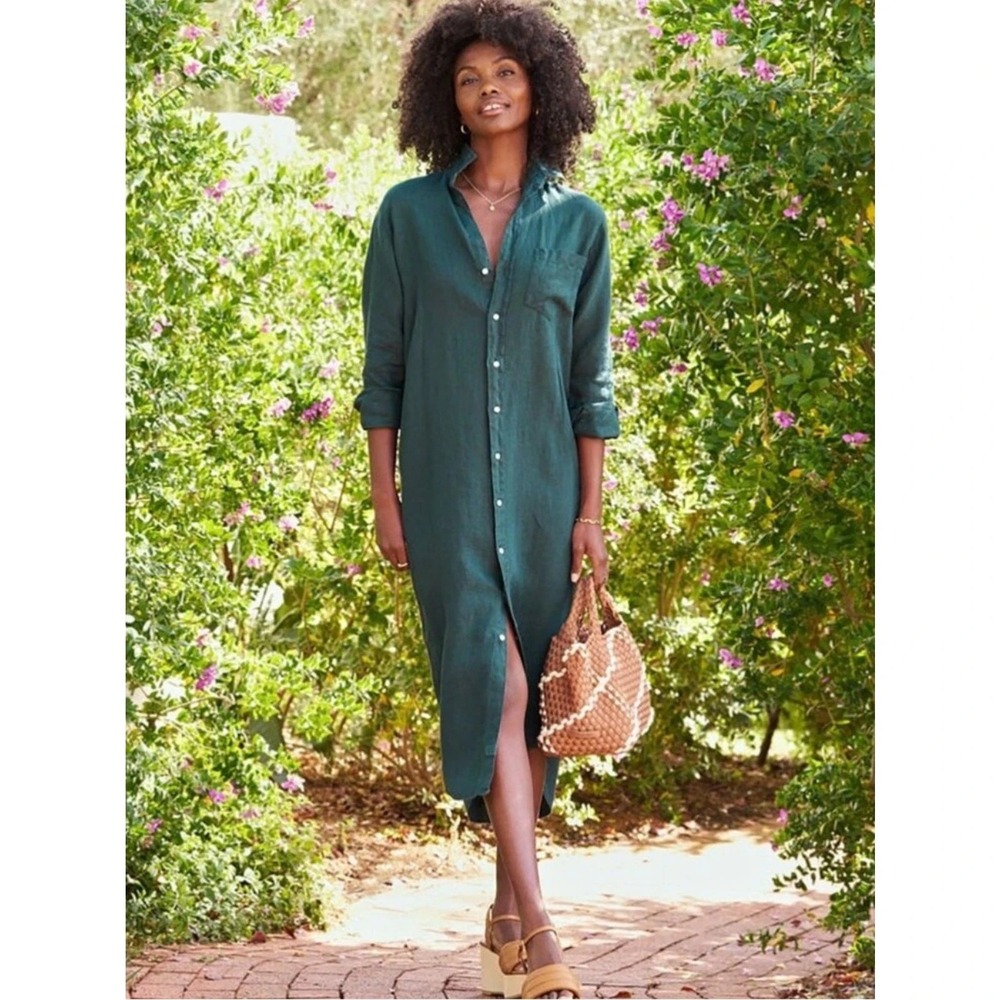 New Frank & Eileen Rory Linen Maxi Dress Long Sleeve Dark Green Women XXS Button